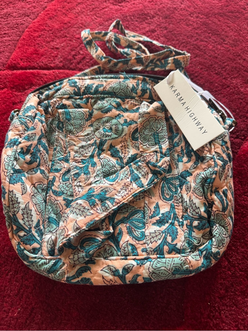 Karma Highway Teal and Peach Floral Quilted Crossbody Bag